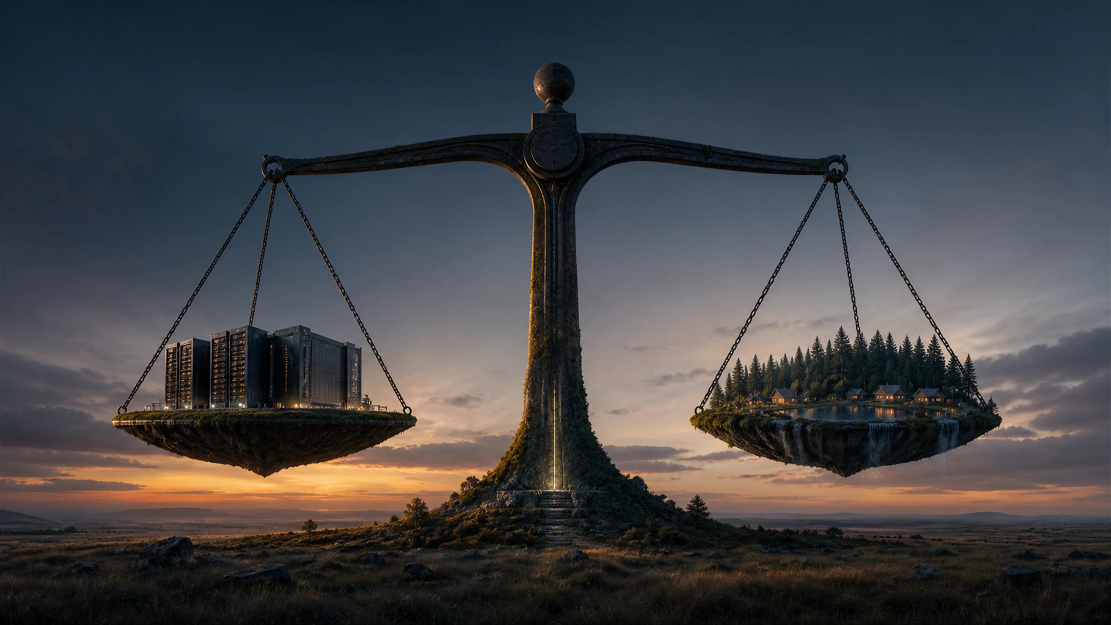 A level balance on a prairie horizon — a small data hall on one pan, forest and homes on the other.