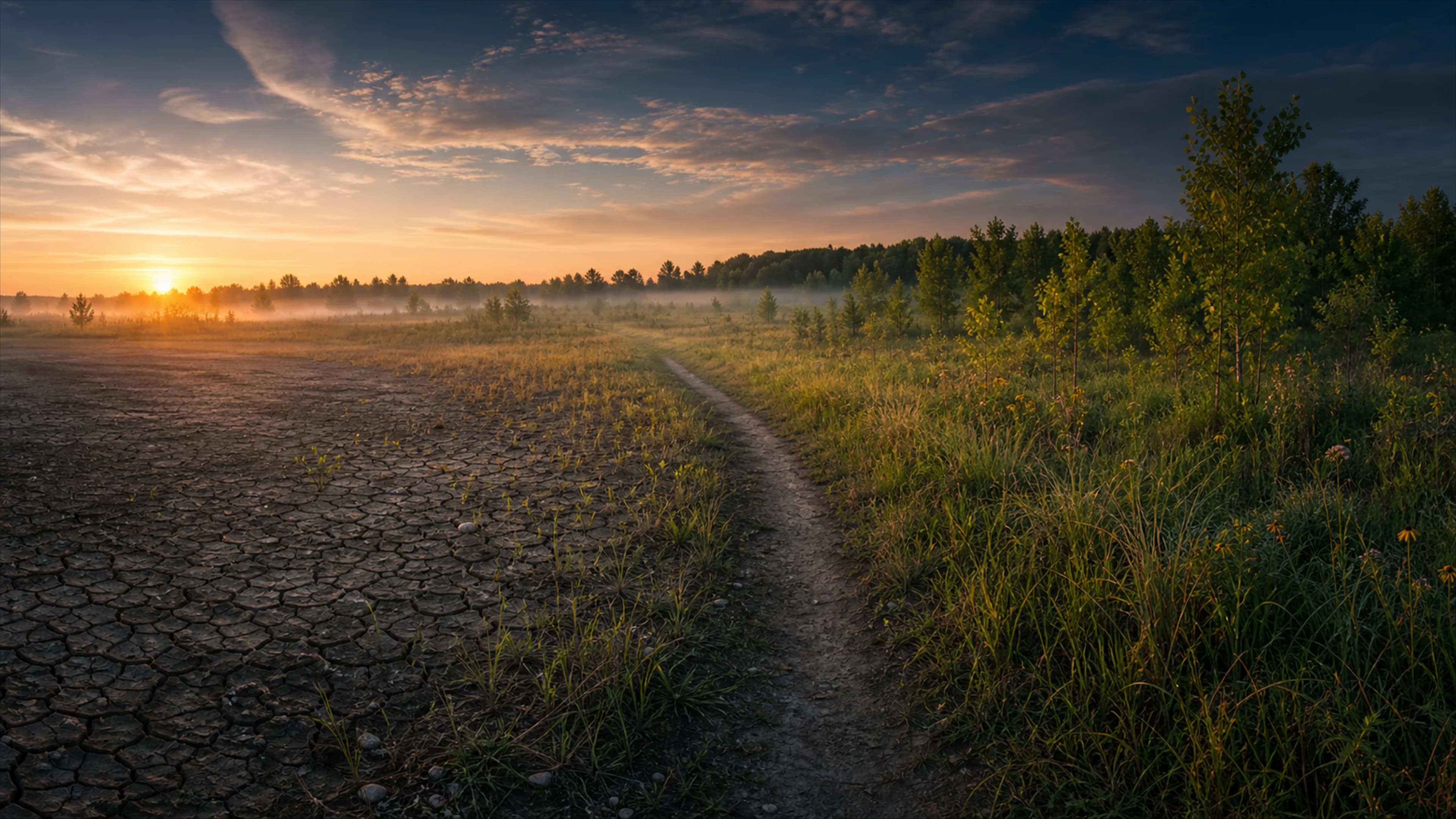 A long path through restored land toward the horizon — the pathway in place terms.