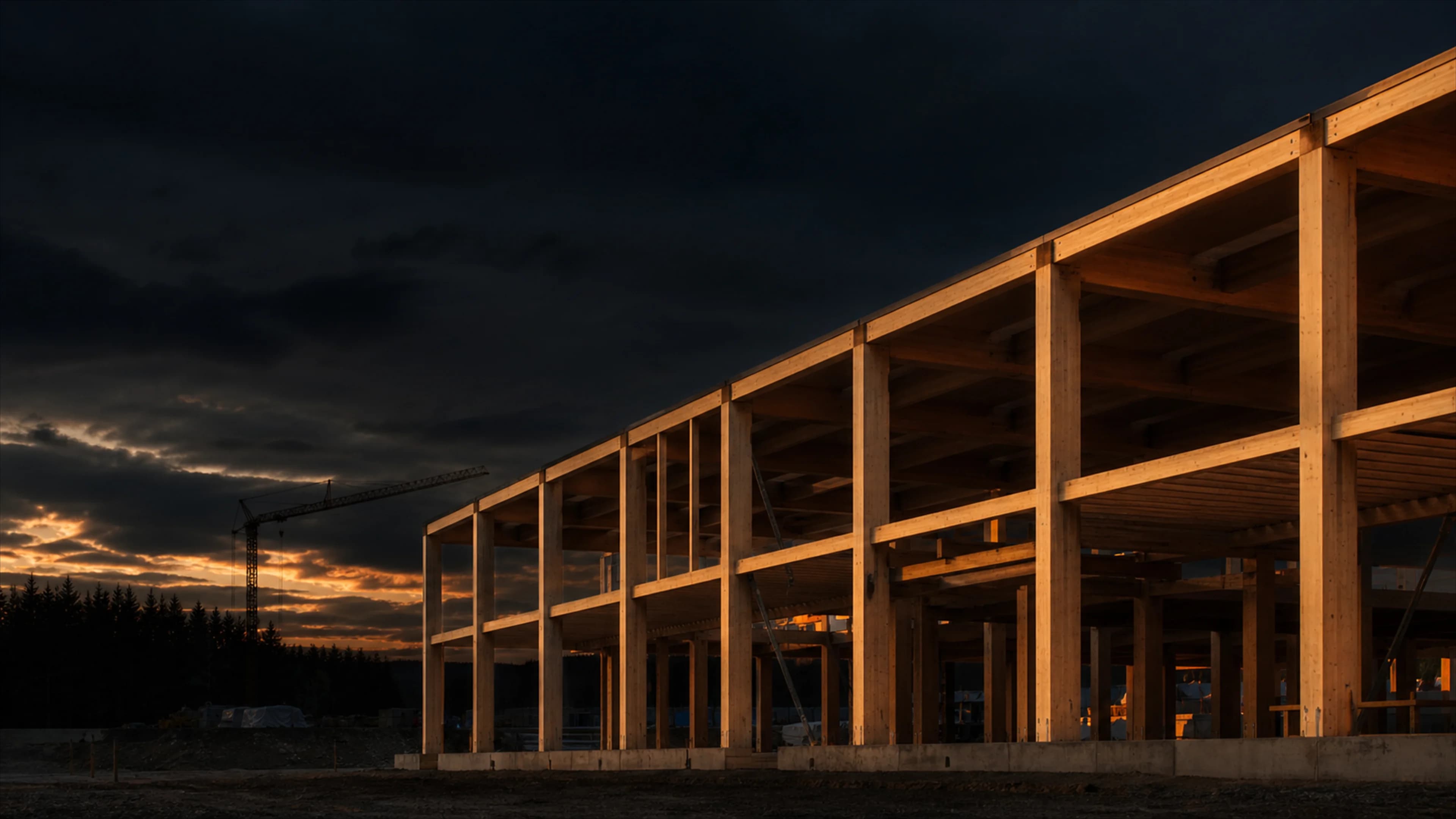 A data hall structure rising with reclaimed and low-carbon materials staged around the site.