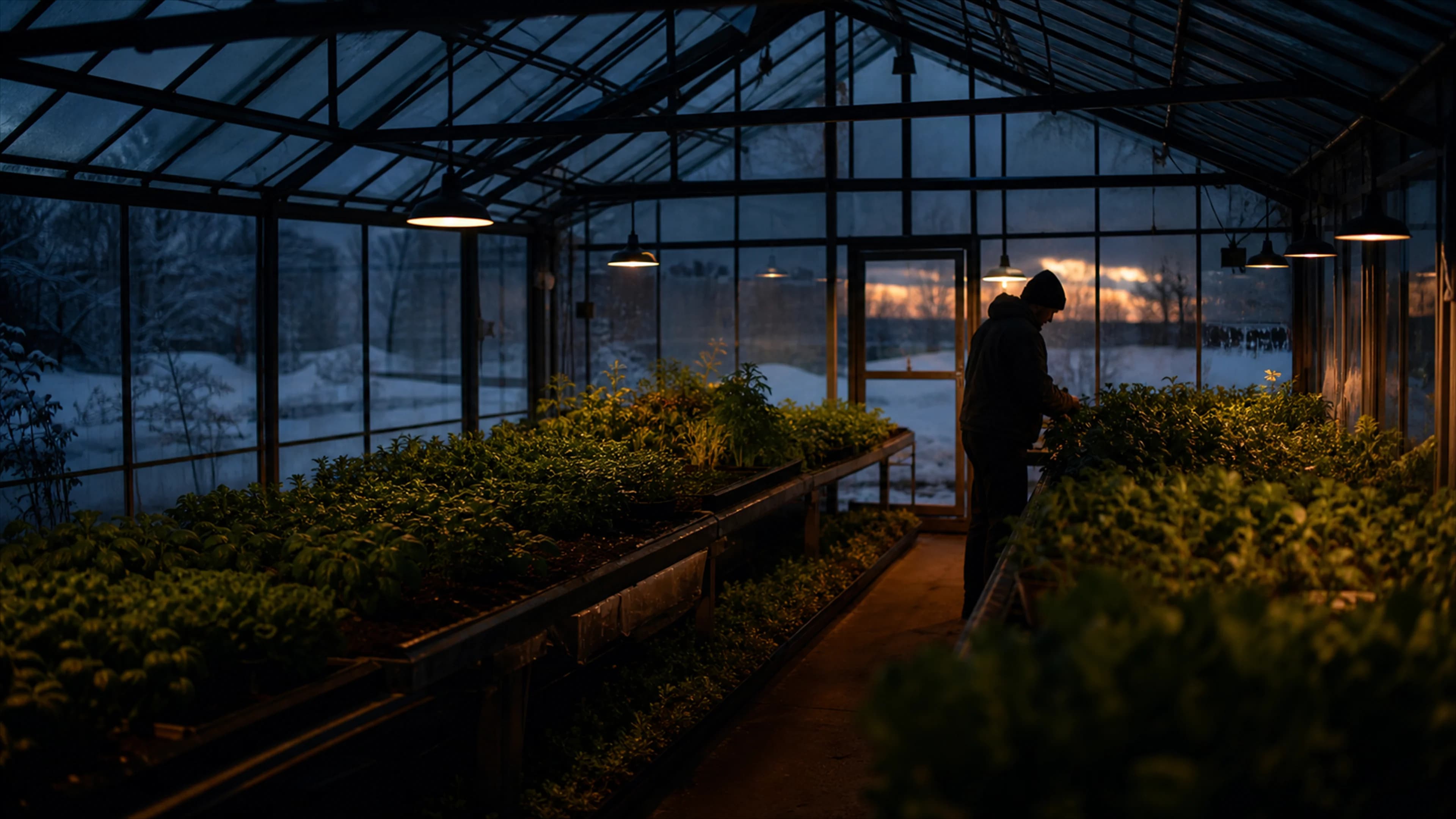 Greenhouse rows thriving beside the facility whose waste heat warms them.